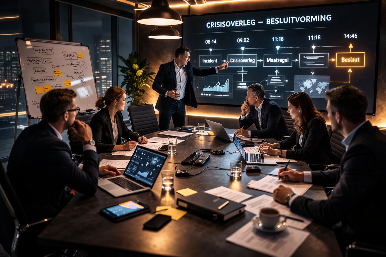 Cinematic boardroom met risico-analyse